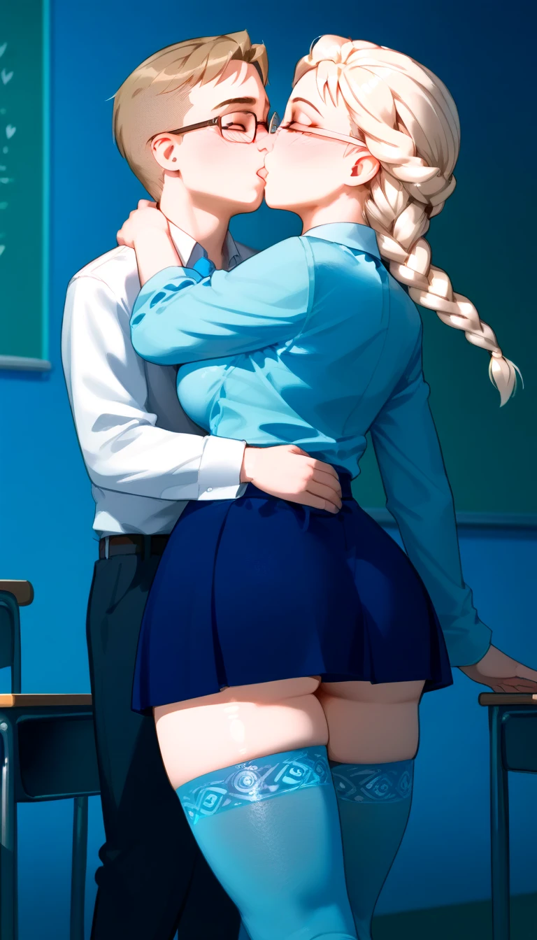 anime artwork, score_9, score_8_up, score_7_up, score_6_up, score_5_up, score_4_up, r,Camie Utsushimi, light brown hair, dark brown eyes,, breasts, , big breasts, at school, (school uniform:1.2), standing, cap, she is 24 years old, striped panties, rating explitic, wet whirt, ,horny, , , white stockings, shoes,, , style_3, text on board, 1boy, Izuku Midoriya, he grabbing her breasts from behind, kissing