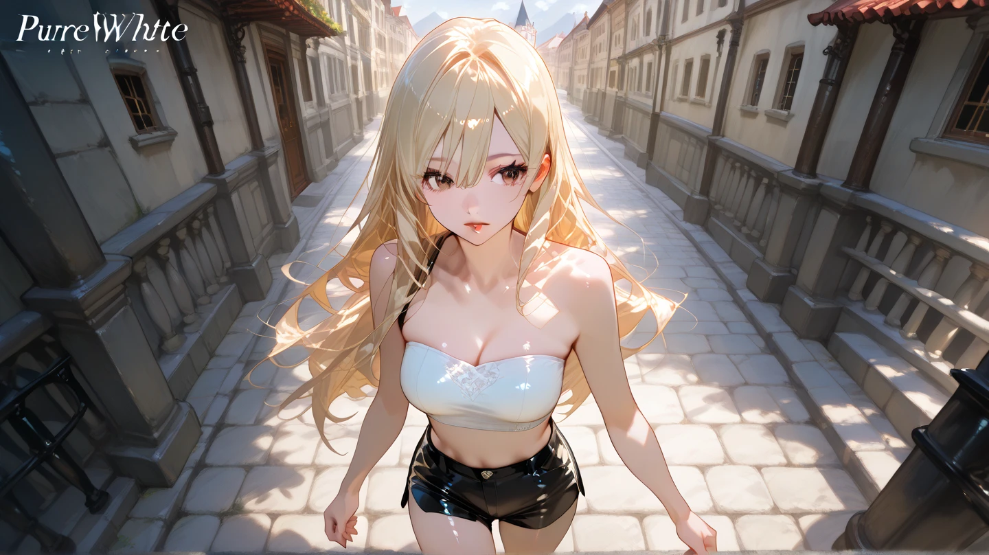 Early 30's, long blonde hair, large heavy breasts, slender toned build, pink tank top (braless), short leather skirt, pantyhose, leaning against a wall in a dungeon, legs parted, eye contact, cowboy shot, close up