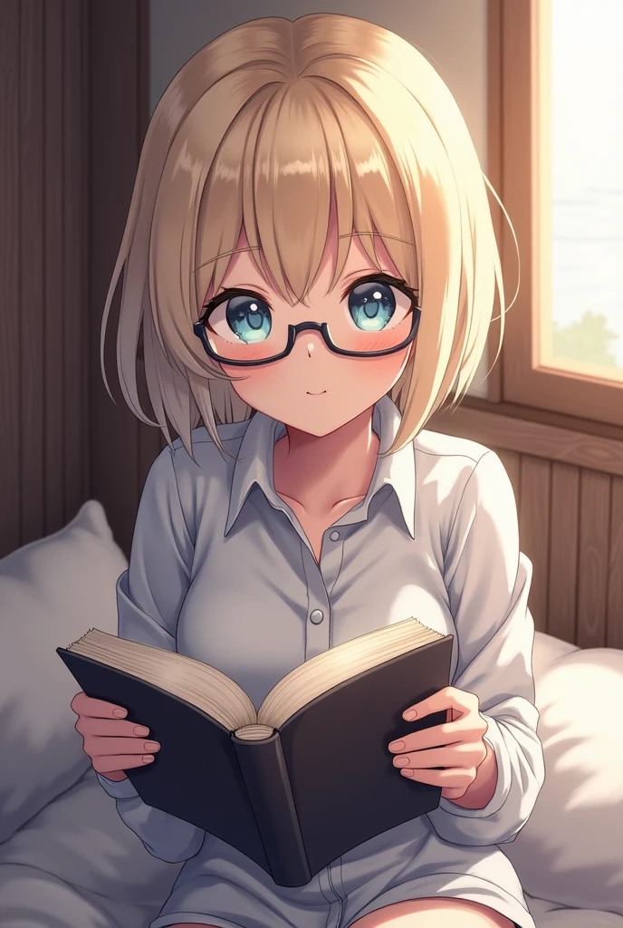 A blonde girl in underwear with glasses is reading a book by the window
