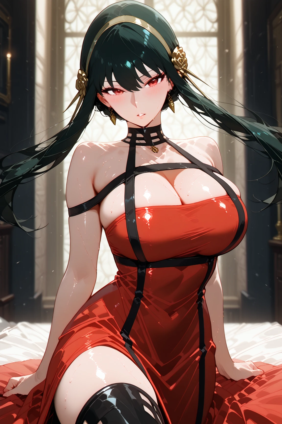 anime photo, (extremely detailed, masterpiece:1.2), (the one), secret crush, bedazzling bronze eyes, (long straight dark hair), dancing, sporty crimson dress with white accents, soft warm lights, romantic, cinematic shot, trending on instagram