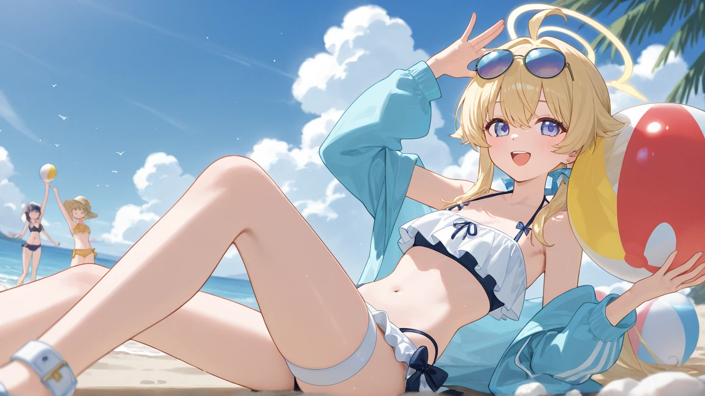Barbara Genshin Impact game style, 3D,on beach,small micro bikini,resting on stomach,,looking at viewer,winking,smiling 