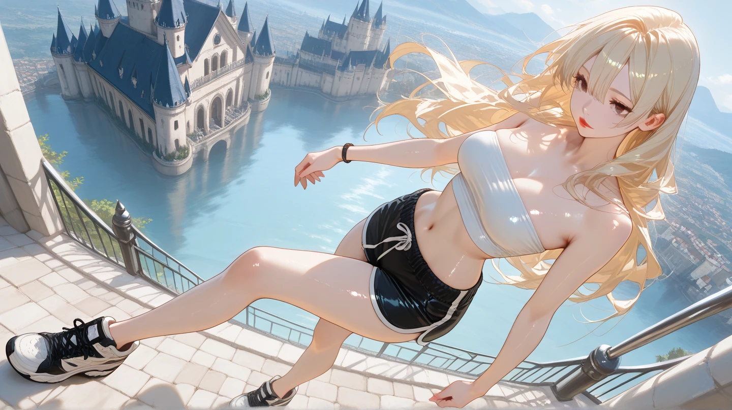 one-girl, one-girl, solo person, white dresses, Pure girl, being thin, Poor milk, Twist braids, lovely and delicate, Lori huge breasts cleavage, sleek legs, short skirt, tied with chair, The background is sandy sea, with blue sky and white clouds --auto