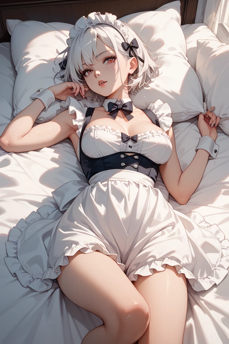 solo, 1girl,(oppai loli:1.25), (slender body:1.3),(revealing panties), (skirt lift:1.3),(dress lift:1.3), (lifted by self:1.4),(striped panties:1.2),(:d:1.4),(big eyes:1.2), (short girl:1.15),(rib, collarbone:1.15), (infant girl:1.15), (loli big face:1.2), (cleavage:1.2),maid, (8 years old:1.3),(short person:1.3),(maid apron),(maid headdress),(white hair:1.2),flat chest,medium breasts,portrait, cowboy shot, fox ears, animal ear fluff, ahoge, braid, [blue eyes:green eyes:0.5], (medium breasts) , long hair, cute face, detailed gradient eyes, looking at viewer, blush, embarrassed, masterpiece, best quality, 4k, 8k
,(full body:1.3),(from above,plane_view),(white pantyhose:1.3),
(lying on bed:1.4),
solo focus,(coquettish:1.2),
blush,shy,
bed sheet,
(shiny:1.4),(Oil highlights:1.5)[wet with oil:0.3],reflection,