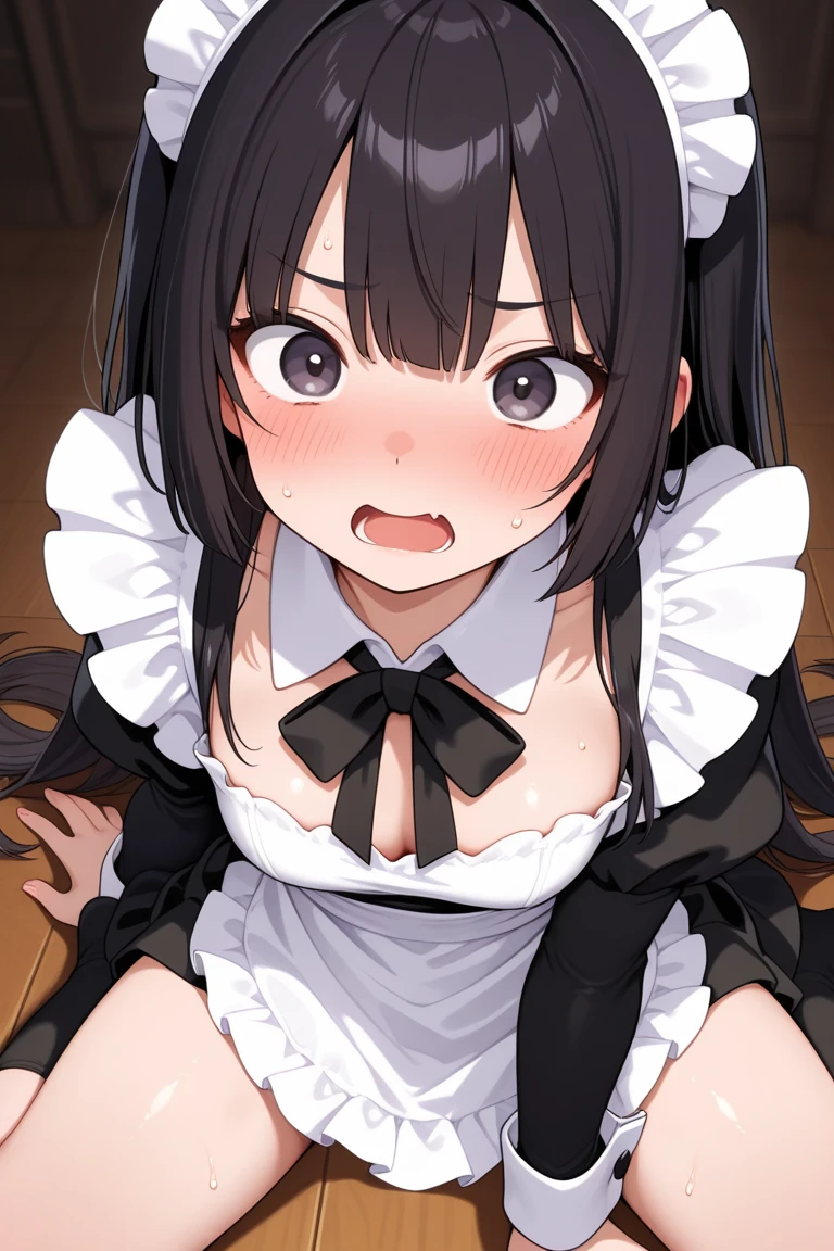 ''(((1boy))), aster nemesis, dark-skinned female, black hair, very long hair, yellow eyes, , twin tails, looking below, , , tanned body,, ,,,,(((Sweating))),,(spoken heart),(((maid costume))),miniskirt,thighhighs,,mansion,(((fel,,huge breasts,pov