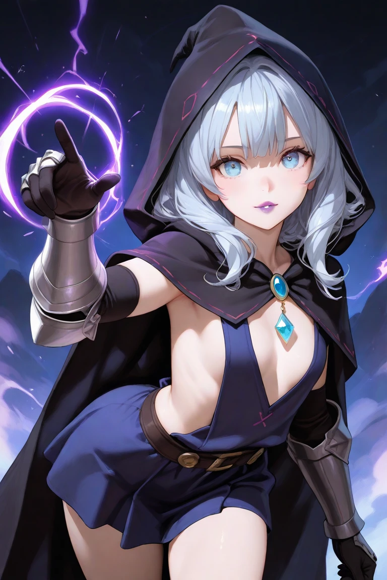 medieval woman, magic user, cape, hood, no underwear, crotch tattoo, random pose, fierce aura, shy face, floating clothes, sexy body shape