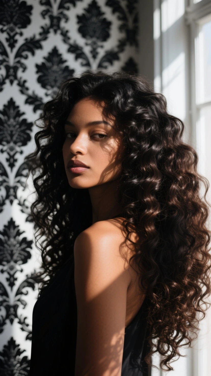 black woman with beautiful curly hair covering her breasts exposed breasts showing covered with curly hair black woman dark skin