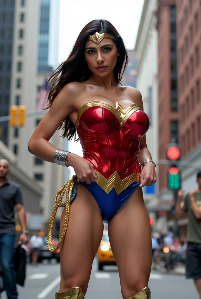 1Girl 18 years old cosplay as latex wonder woman, flashing her slightly hairy, shaven, juicy vagina/pussy in public