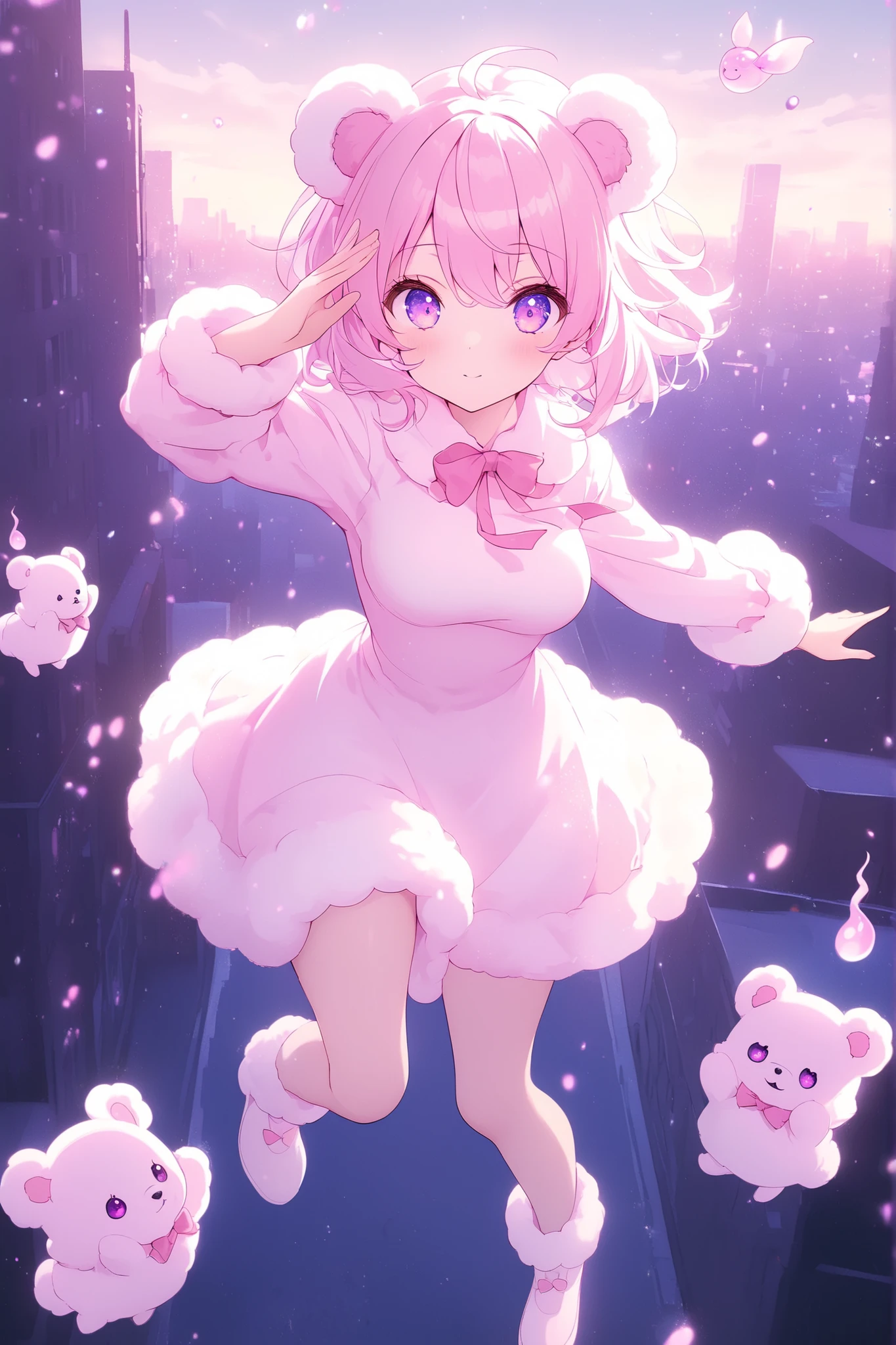 anime screenscap, 1 girl, violet eyes, light pink hair, short hair, cool, beautiful, medium breast, very cute, lovely, kawaii, sweet fluffy dress, solo, close-up, full body, looking at other, (cute little imaginary bear spirit), city, dynamic pose,