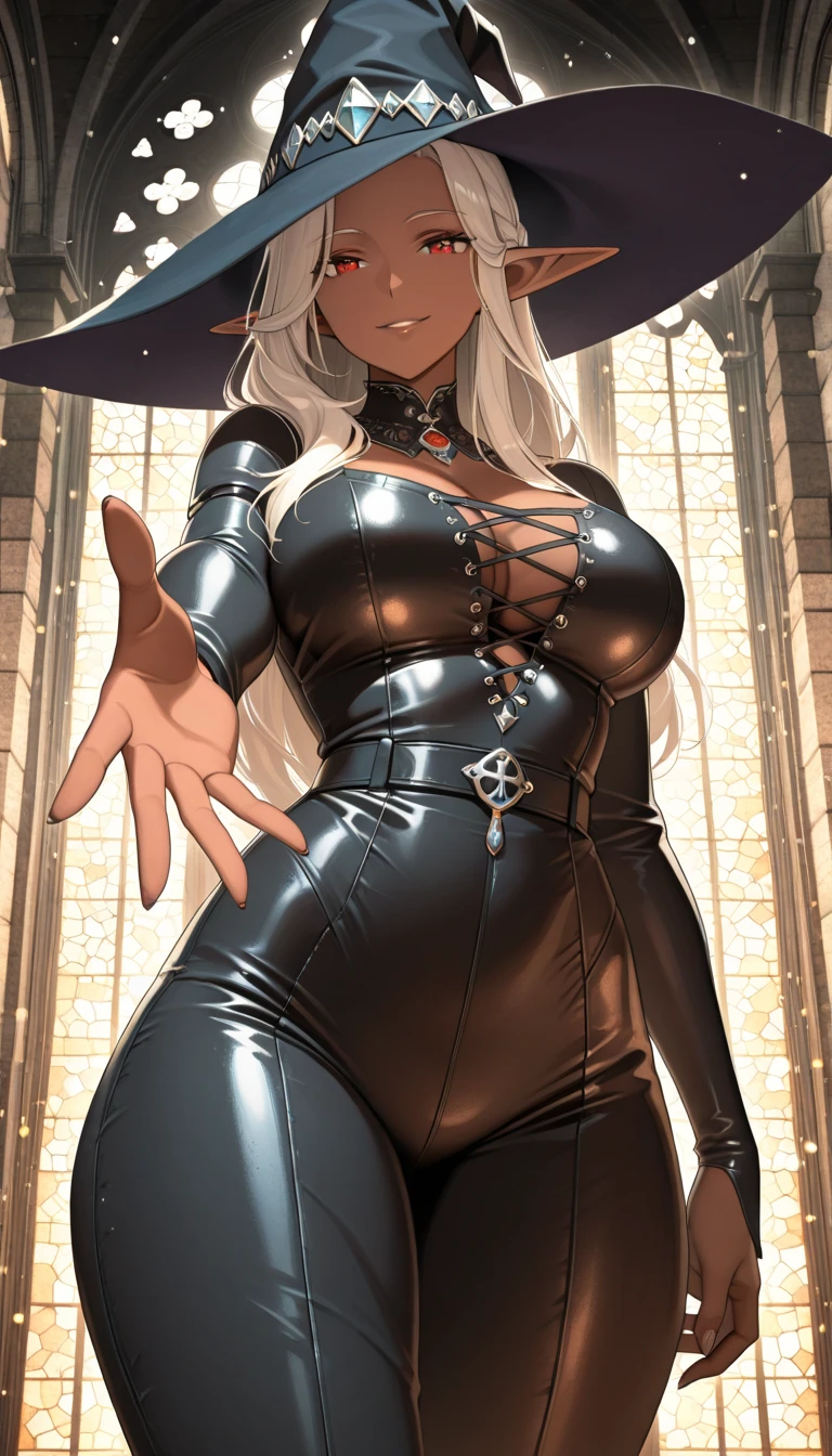 Big breast, big hips, witch outfit, big witch hat, stockings, elf ears, elf, albino skin, blue eyes,