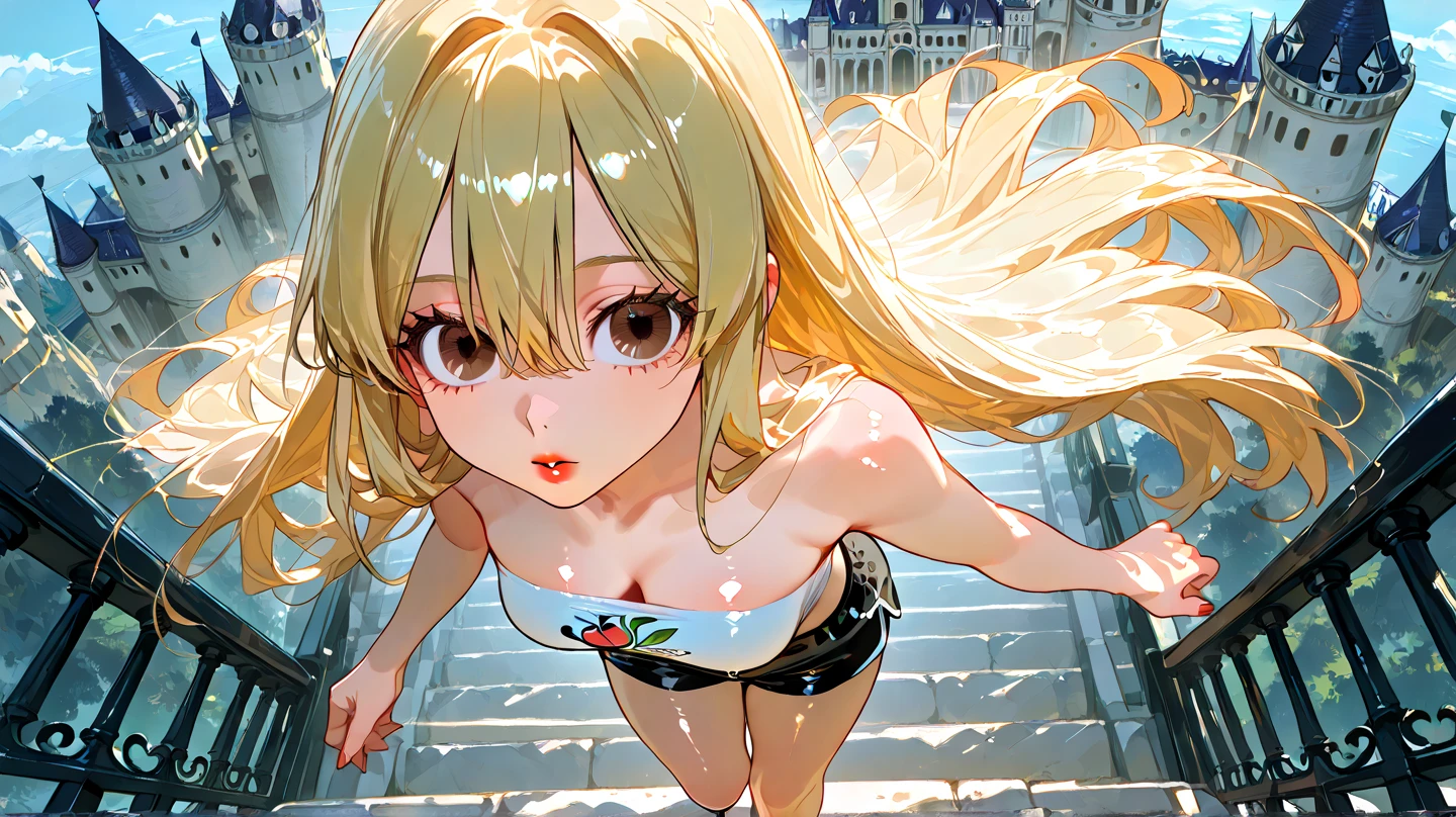 Highest quality, Detail View, High resolution、Official Art、aerial photograph、Real Anime、3d、Splatoon Girl on the Skyscraper Observatory, Are standing、Happy, Golden Eyes、Beautiful Face、smile, A slightly thinner face、Detailed facial depiction、Prism Gradient Tentacle Hair、Miniature cityscape、Skyscraper rooftop、Outdoor、Skyscrapers look small、Big Breasts、Cleavage、Camouflage Bikini, Parkour、Jump off a building、Dynamic poses with a sense of movement、Colorful air