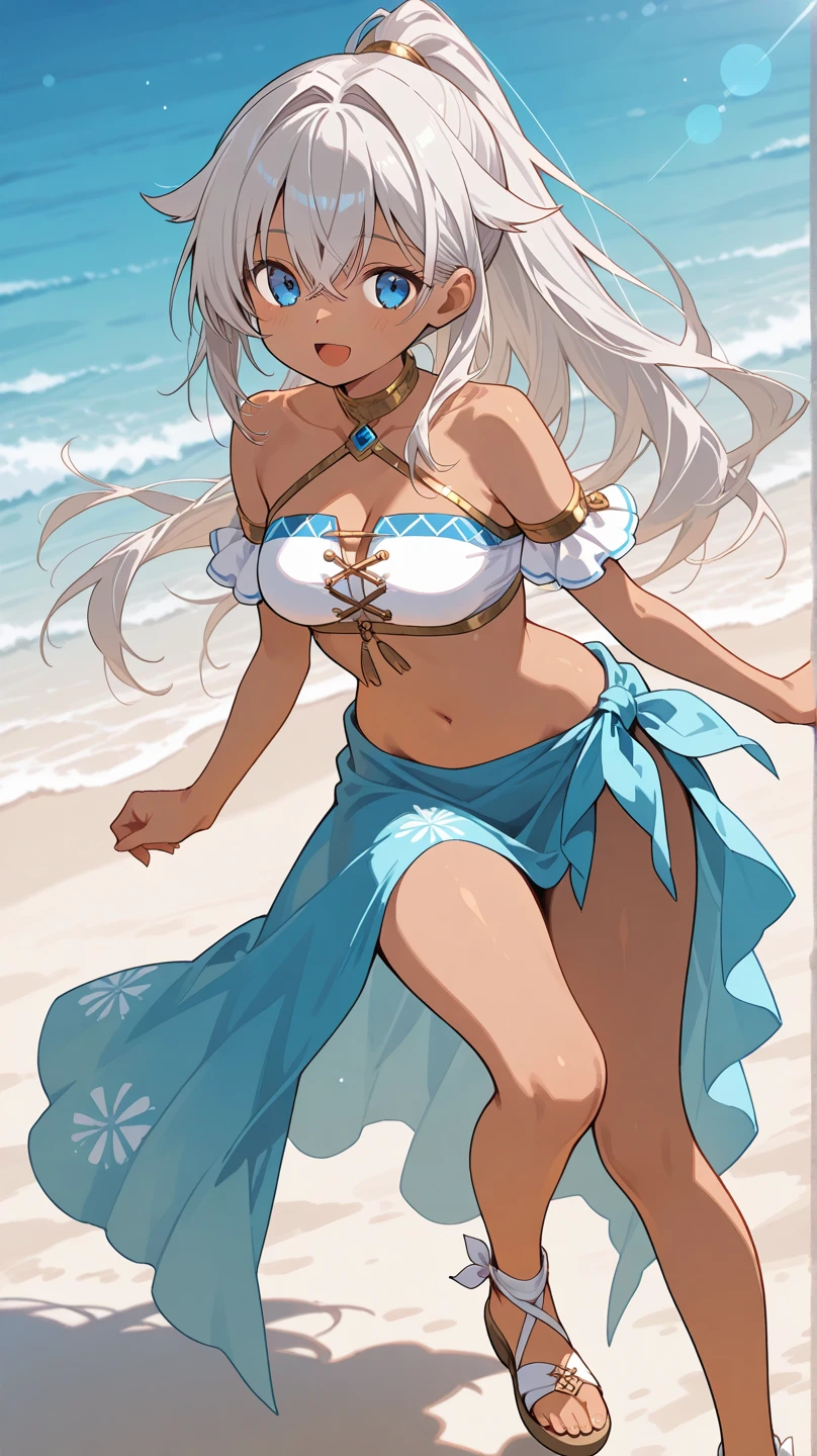 Playing on the beach, one girl closeup, swimsuit, one piece swimsuit, elf, silver hair, red eyes, braid, sea, beach, shore, sand, playing, laughing, smiling, eyes closed, concept art, beautiful anime scene, beautiful anime landscape, top rating on pixiv, best quality, 4K
