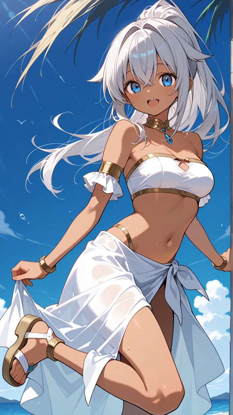 (((I want an elf woman, with dark skin and a lush body, medium breasts, white hair and green eyes, wearing white Roman clothes, and a sweet smile on her face)))