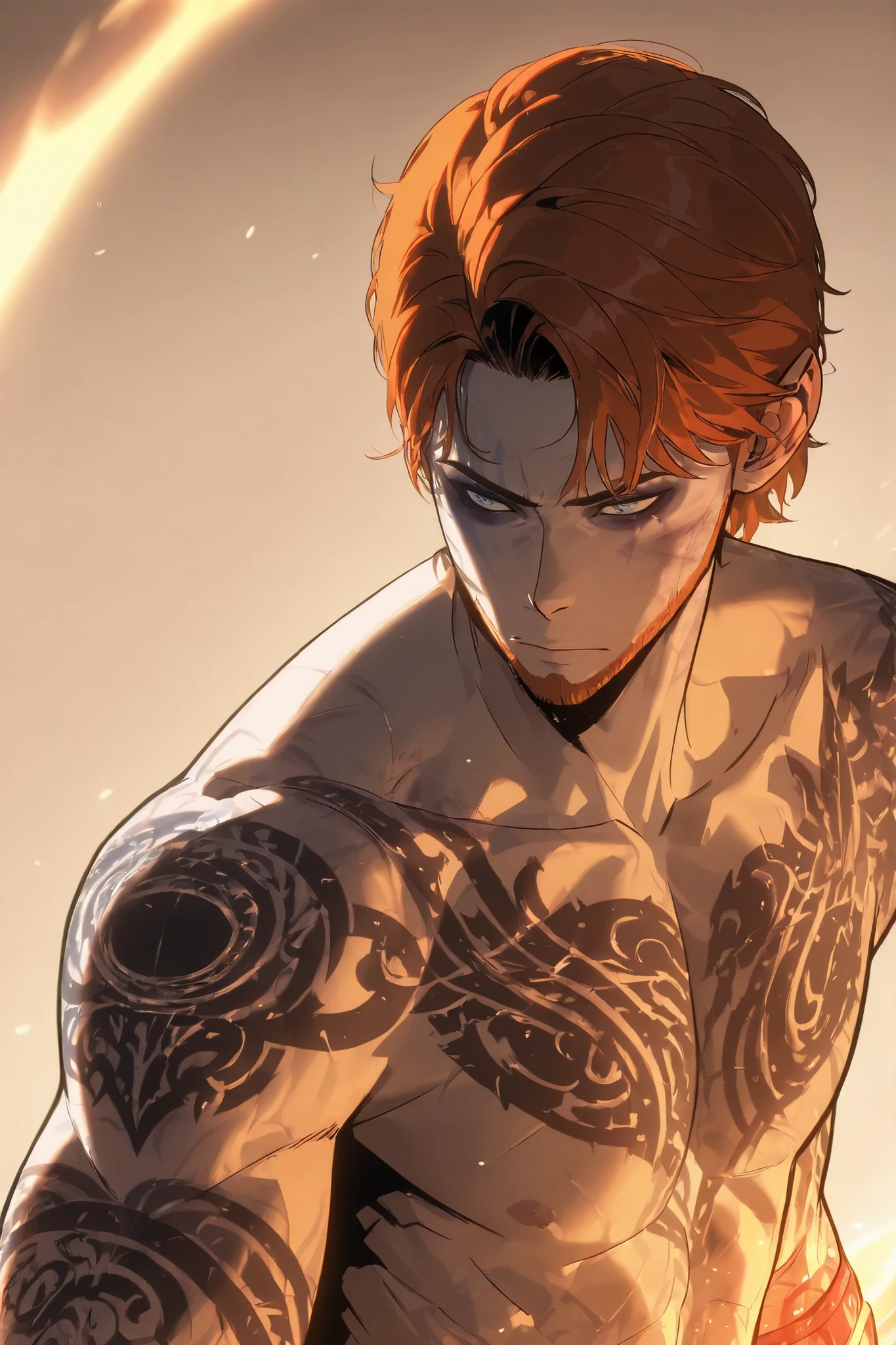 "(The best quality,4k,8k,High Resolutions,masterpiece:1.2),ultra detailed,(realist,fotorrealist,fotorrealist:1.37), Manhwa Art European 25 years old man, Arthur Leywin (TBATE), ivory skin, Messy hair long red hair, piercing eyes, blue iris, Wear black coat, naked torso, muscled body, athletic body, razor-sharp jawline, glare, Cold and mysterious character, Whole body, athletic body, 8k, Detailed features, very handsome, Dreamy look on his face, bright illumination, blurred background, sexy body tattoos