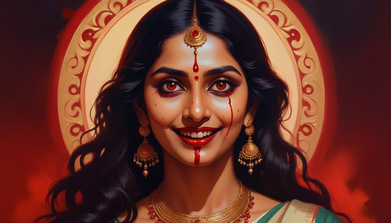 ((painting style)) (full body)(sitting on floor) (dark red ambience) (doing black magic creatures) (a cruel smile on her face) (scary ambience) A terrifying old Indian woman tantrik priest, piercing dark eyes, holding ominous black magic instruments, wearing a black saree, sitting and performing dark rituals, detailed eyes, cruel face, haunting atmosphere, chiaroscuro lighting, dark and moody colors, gothic horror, skull, blood, crows, intricate details, cinematic composition, dramatic shadows,