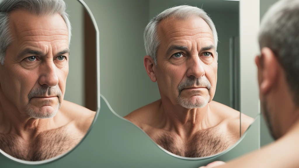 A middle age white man that is depressed and out of shape looking in into a mirror, his future in shape handsome self looking back thats muscular and handsome