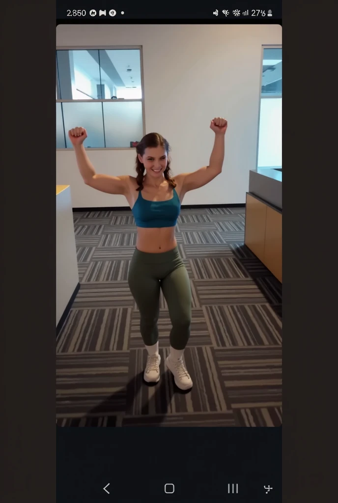 there is a woman in a blue top is standing in a bathroom, violet myers, showing off biceps, chun li at the gym, working out, centered shoulders up view, flexing, crop shirt and strong abs, fit girl, her face flushing and sweat, shoulders up, bursting with muscles, posing and flexing, muscles, shoulders can be seen, Big tits, huge tits, no clothes, sexy, cute, wide hips, thick thighs, pear-shaped body, minimal clothes, thick, bbw, chubby stomach, thick nipples, nipple piercings, large areola, hard nipples, piercing through shirt, nipples hard through shirt, busty, major cleavage, naked, ripping through top, spilling over sides, bra too tight, giant , dominatrix, dominatrix clothes, huge giant , upper body zoom, only wearing bikini, chubby stomach, massive  and waist