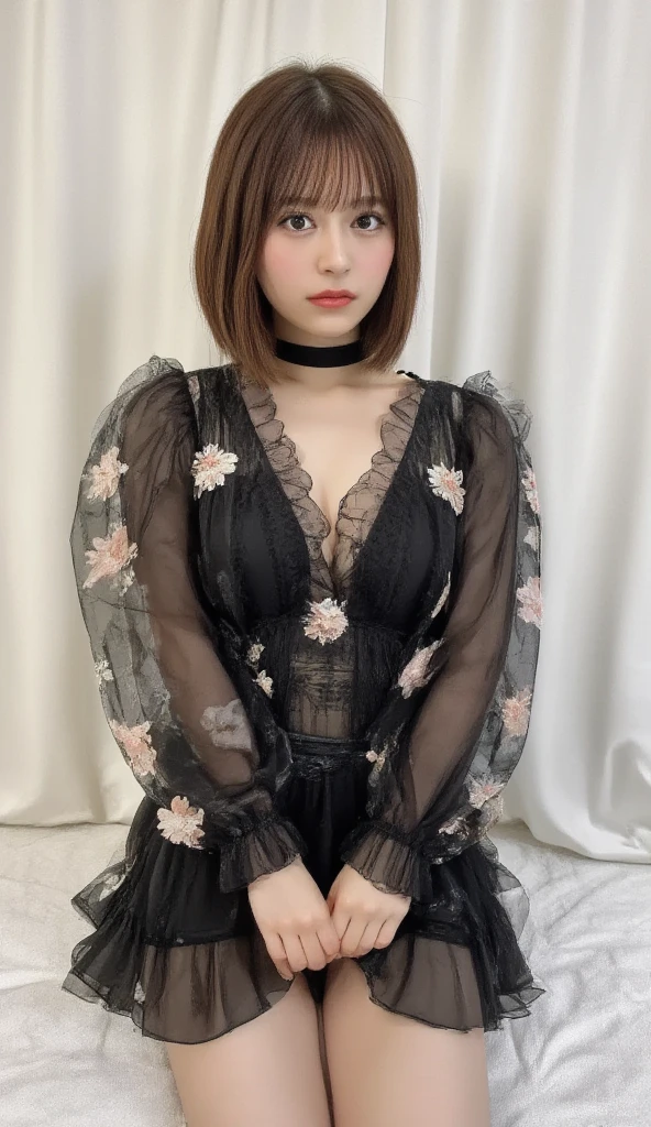 ((masterpiece)), ((highest quality)), (Super detailed), ((very detailed)), 4k, (8k), highest quality, (beautiful), shape,  hyper realistic, realistic, dynamic angle, thick outline, clear outline, (1 girls, 1 cute girls, solo:1.5), (The costume of lace queen:1.3), black cloth, thigh boots, short skirt, outdoor,  brown hair, (blunt bangs, bob cut:1.2), , beautiful brown eyes, ((beautiful eyes)), (super cute face:1.3), l big breasts, light smile, standing,