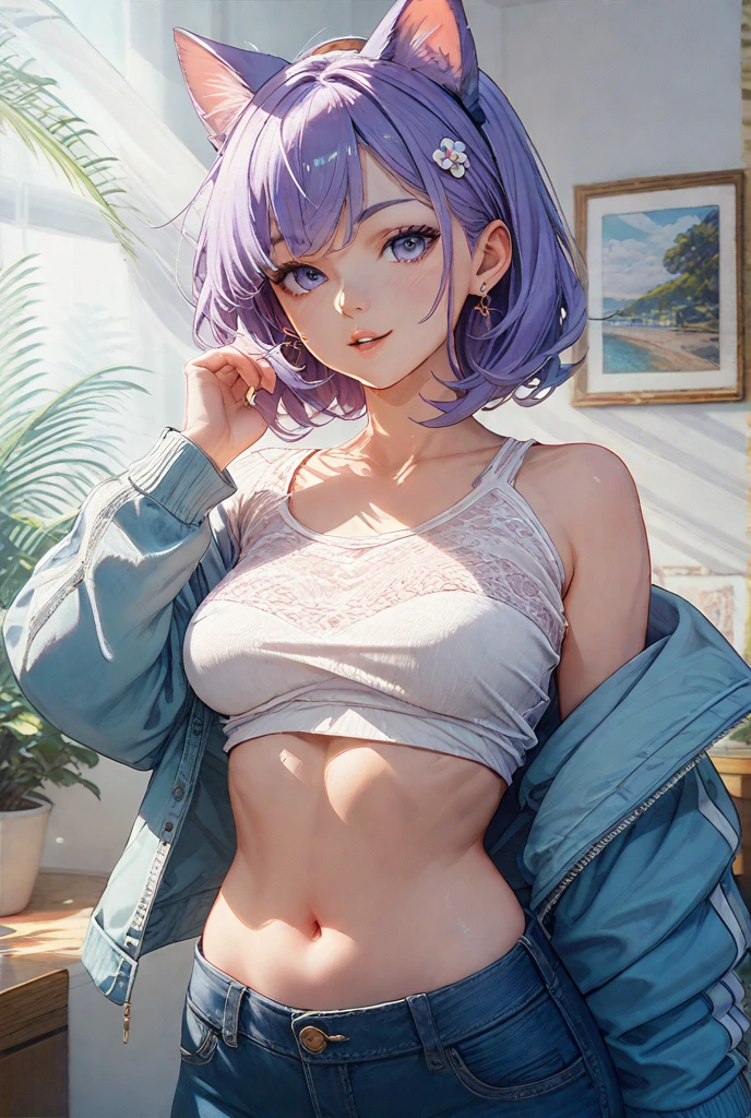 Blue hair, short hair, purple eyes, small breasts