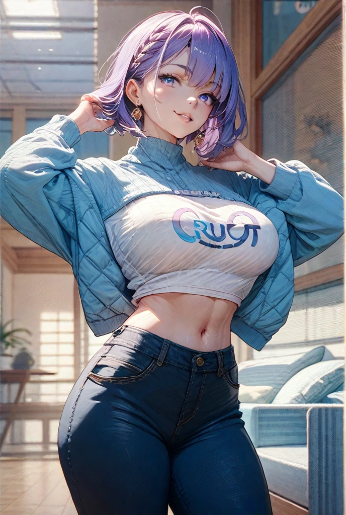 big round breasts ((Beautiful and beautiful woman in her 30s)) (light silver short hair, tied with ribbon, Long side bangs covering eyes, hairpin, beautiful earrings), Beautiful and delicate eyes, double eyelids, Detailed iris, Effect of light on eyes, ((Under hoodie top, Embroidered high-waisted denim shorts in sophisticated cool fabric, striped socks)) ((Super detailed, 16K, masterpiece, Surreal, perfect lighting , The effect of light and shadow on skin, sharp focus, soft light) ), perfect pink lips, tanned skin, beautiful woman, beautiful and sensual, in love, A subtle smile ((Have a curvy figure and beautiful prominent curves, Big breasts )) ((Various sexy poses in the elevator))