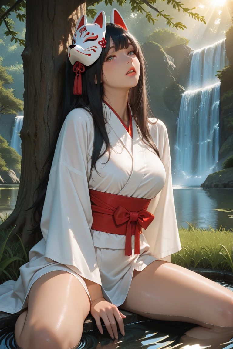 ((Waterfall basin on a moonlit night)),((池の真ん中に立つbeautiful女性)),((beautiful half-naked woman in a beautiful waterfall basin)), ((Sharp and captivating eyes))、((Sexy))、(((See-through kimono:1.3)))、((Kimono made of thin cloth wet with water:1)), Pale skin、(((One Girl:1))), ((Pale skin))、憂鬱なbeautiful顔、beautiful expression、Sexy顔、Swollen nipples, (((Lower Breast)))、(((beautiful breasts ))), beautiful 、Knee-high boots、Super detailed face、Delicate eyes、(double eyelid)、 (((1. Japanese women)))、 Beauty, 20-year-old,((See-through kimono)), (Show off by wearing Japanese revealing clothes),
