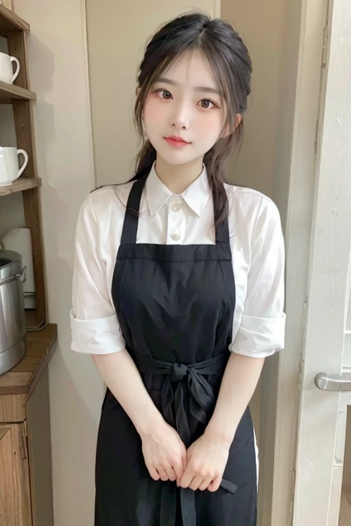 (masterpiece:1.2, top-quality), (realistic, photorealistic:1.4), beautiful illustration, (natural side lighting, movie lighting),
looking down at viewer, from below:1.2, 1 girl, japanese, high school girl, perfect face, cute and symmetrical face, shiny skin, babyface,
(middle hair, side ponytail, light brown hair), asymmetrical bangs, brown eyes, big eyes, drooping eyes, (middle breasts, seductive thighs, big ass), piercings,
beautiful hair, beautiful face, beautiful detailed eyes, beautiful clavicle, beautiful body, beautiful chest, beautiful thigh, beautiful legs, beautiful fingers, five fingers,
((light brown turtleneck sweater, black skirt, navy apron, black pantyhose),
(beautiful scenery), evening, school hallway, walking, (lovely smile, upper eyes),