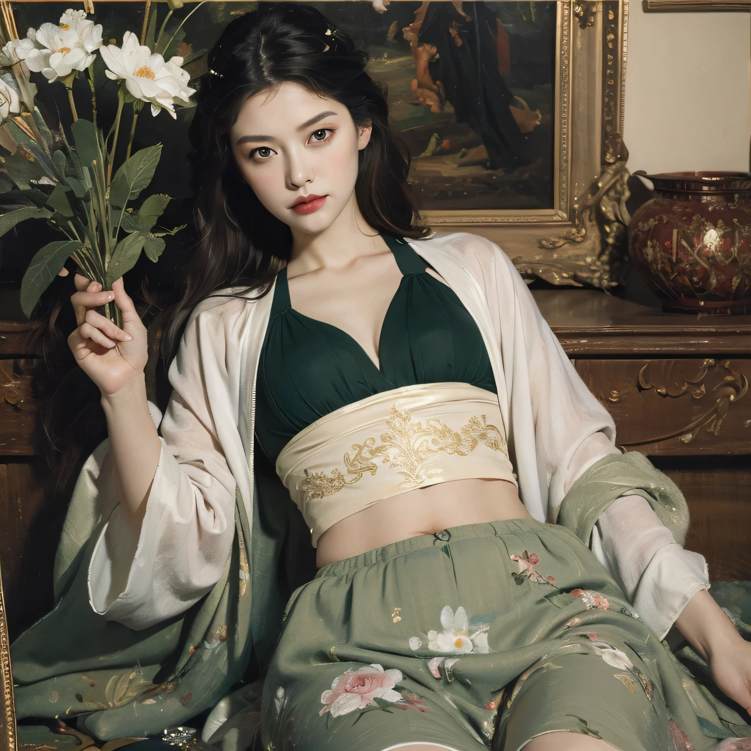female knight,She is wearing a white floral suit and white pants, exposing a bit of her belly.,Holding a sword in his left hand,She is wearing a green floral cloak and white high heels.,Wearing a white hat that covers one eye,whole body