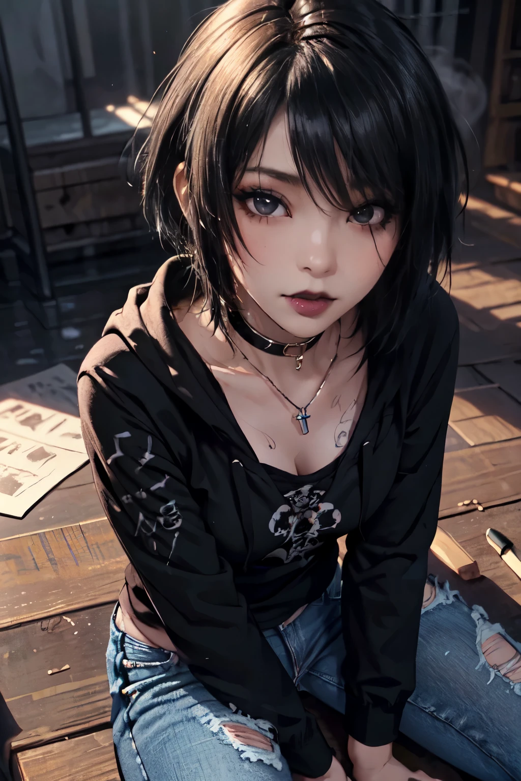 Girl, woman, emo_hairstyle, black lipstick, dog collar, eyeliner, eye shadow, smoky eyes, realistic lighting, short hair, tighhighs, short shorts, sweater, short clothes, thick thighs, bending over.
