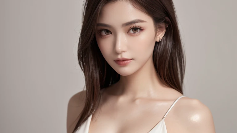 1 beautiful girl, (portrait, bright lighting on the face:1.5), facing upper body, fitness body, having abs, naked, accurate human well-proportioned body, masterpiece, Best Quality, Photo-realistic, Ultra-detailed, High resolution, 8K Wallpaper, 20 years old, European and Asian mixed face, (fine-featured face, light makeup, :1.5), elegant, intelligent, sporty, dark brown messy long hair, long limbs, huge and well balanced round breasts, double eyelid, big pupils, Beautiful detailed eyes, Detailed realistic skin texture, Perfect dynamic composition, Basement background, concrete wall background,
