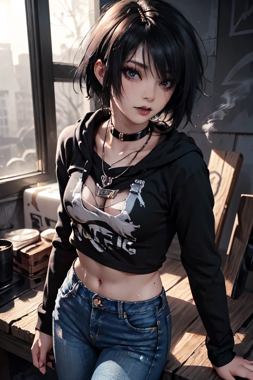 Girl, woman, emo_hairstyle, black lipstick, smocky eyes, dog collar, eyeliner, eye shadow, realistic lighting, short hair, short skirt. seductive look, Big breast, off shoulder, midriff, open jacket.
