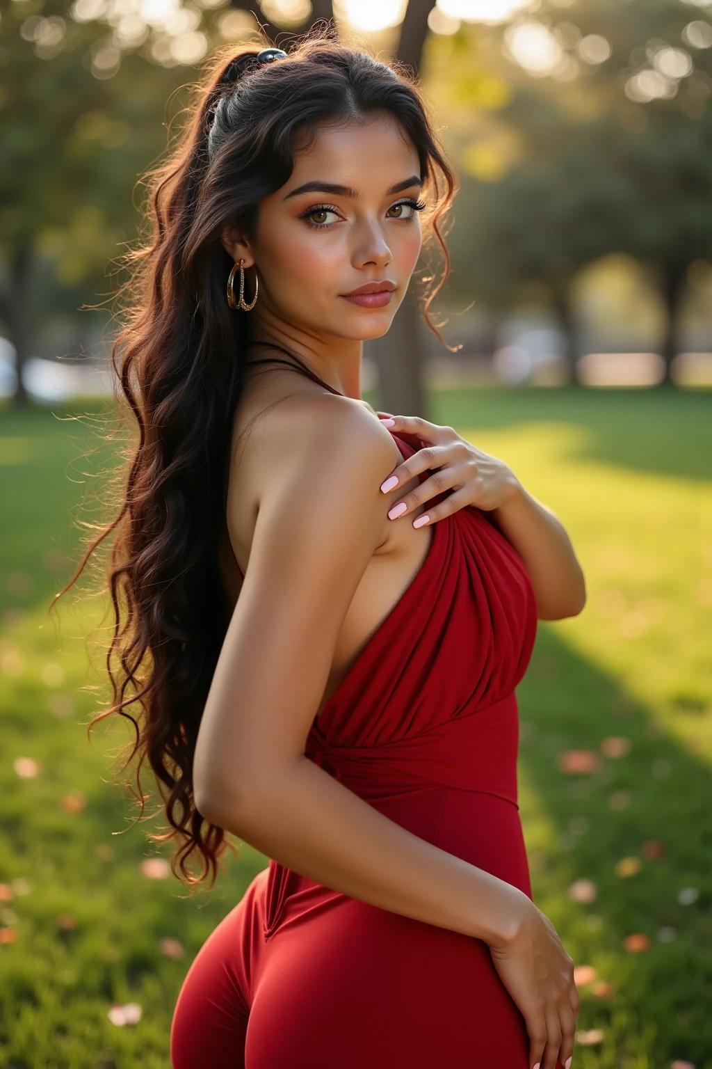Realistic full body photo of a smiling, Young black-haired girl with long hair, She dances in front of the camera in a long A-line bridesmaid dress with straps made of shiny red satin., Park,glamour fotoshooting, Wedding celebration, perfect ???????, perfect brown eyes. Perfect hands with 5 fingers on each hand, Matching girl, look into the camera, 1 Frau. (Eye make up:1.1), (highly detailed skin:1.1), spirit, analog style, keen focus, 8K UHD, dslr, good quality, Fujifilm XT3, Grain, Award-winning, masterpiece. Wedding celebration