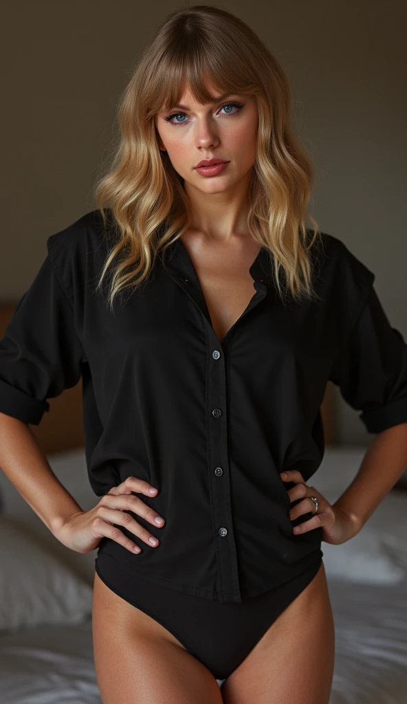 blonde woman with blue eyes wearing a black shirt and jeans posing for a picture, this person does not exist, britney spears-sharon tate-daryl hannah-kelly preston-dianna agron-sienna miller-marg helgenberger-mélanie laurent-emma bones-karen gillan-kelly reilly-heidi montag-callie khouri-megan mullally merged, entire body visible, full body, hyperrealistic, real human skin, best quality, 8K, masterpiece, extremely intricate, detailed eyes, detailed face, detailed body, exaggerated features, pronounced features, fujifilm