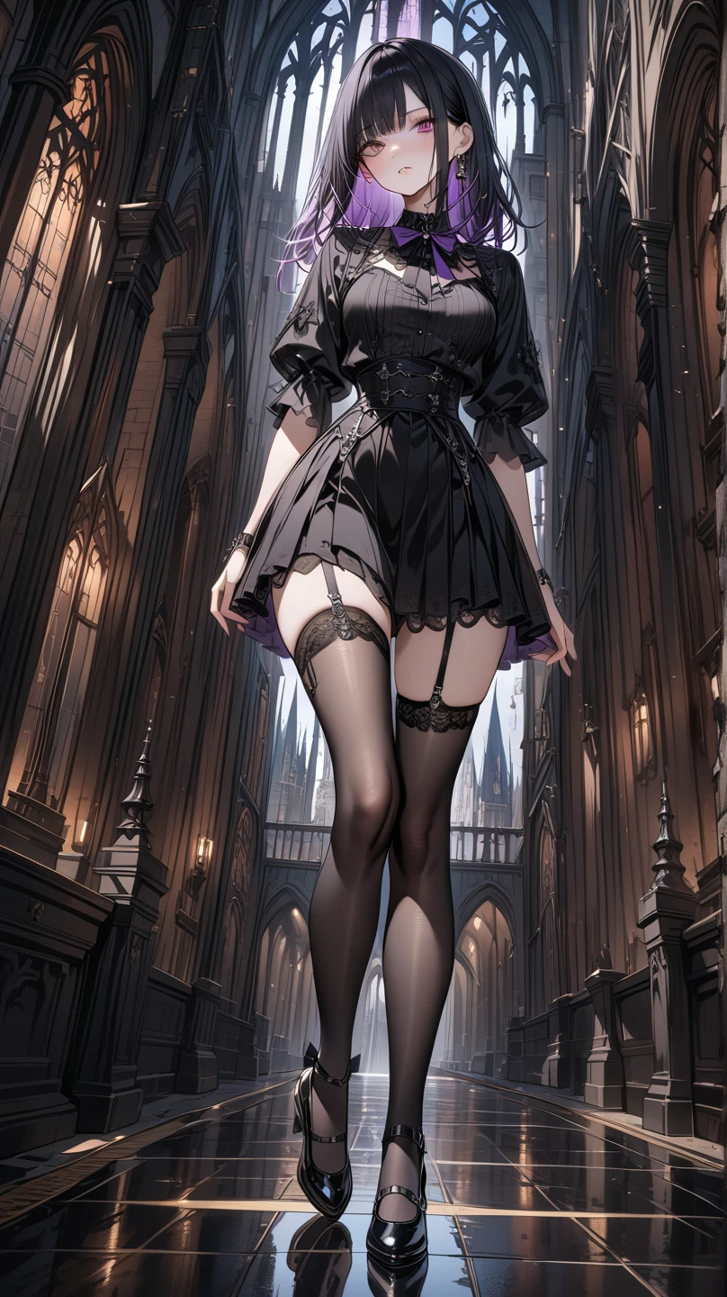 Highest quality,Highest Resolution,A beautiful girl in a gothic leotard crying,High leg,Frills,Very beautiful eyes,Standing posture,whole body,front,Place your hands behind your head.,(((Open your mouth and drool))),Tears,Bedroom,Night view outside the window,Knee-high stockings,