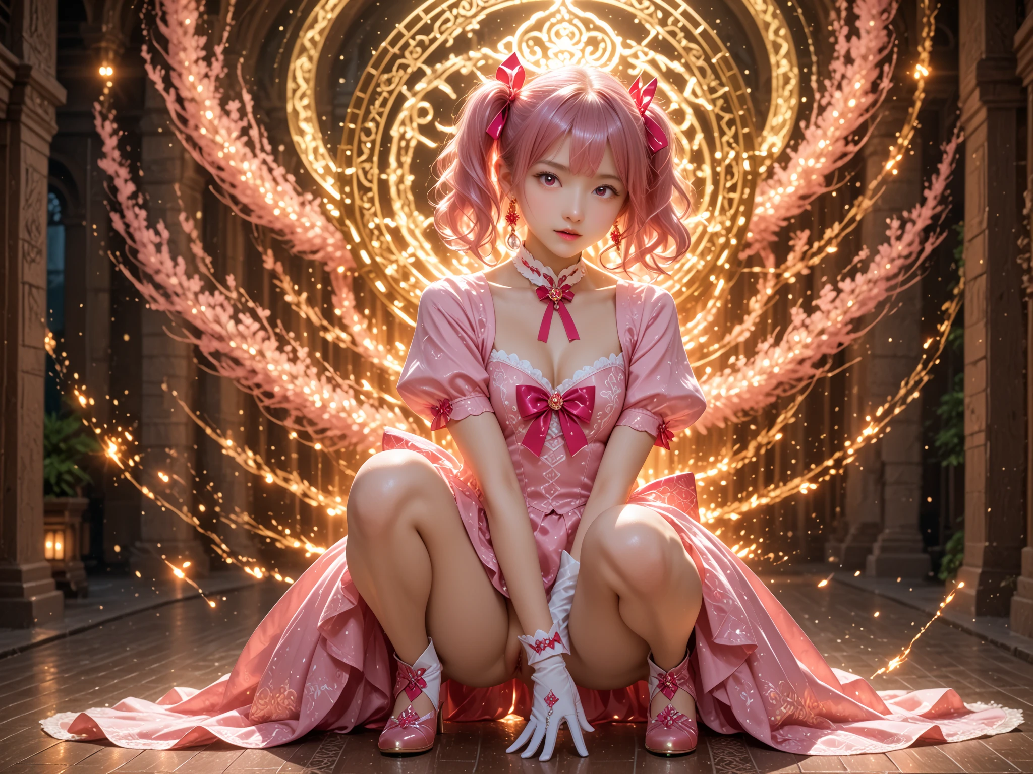 Puella Magi Madoka, Madoka holding a skull in one hand, mysterious, magical, skeleton glowing pink with magic