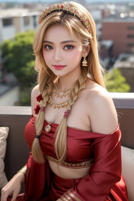 (Hyper Real), ancient shrine maiden, female shaman, giant beauty, safe, high resolution, blonde, blonde woman, skin texture details, super high resolution, realistic, plump figure, smile, beautiful expression, blonde hair, divine spirit, very delicate and detailed skin texture, (ancient luxury luxury temple), ancient priestess, cleavage, plunging neckline, big red lips , (luxurious blue crop top and luxurious accessories)