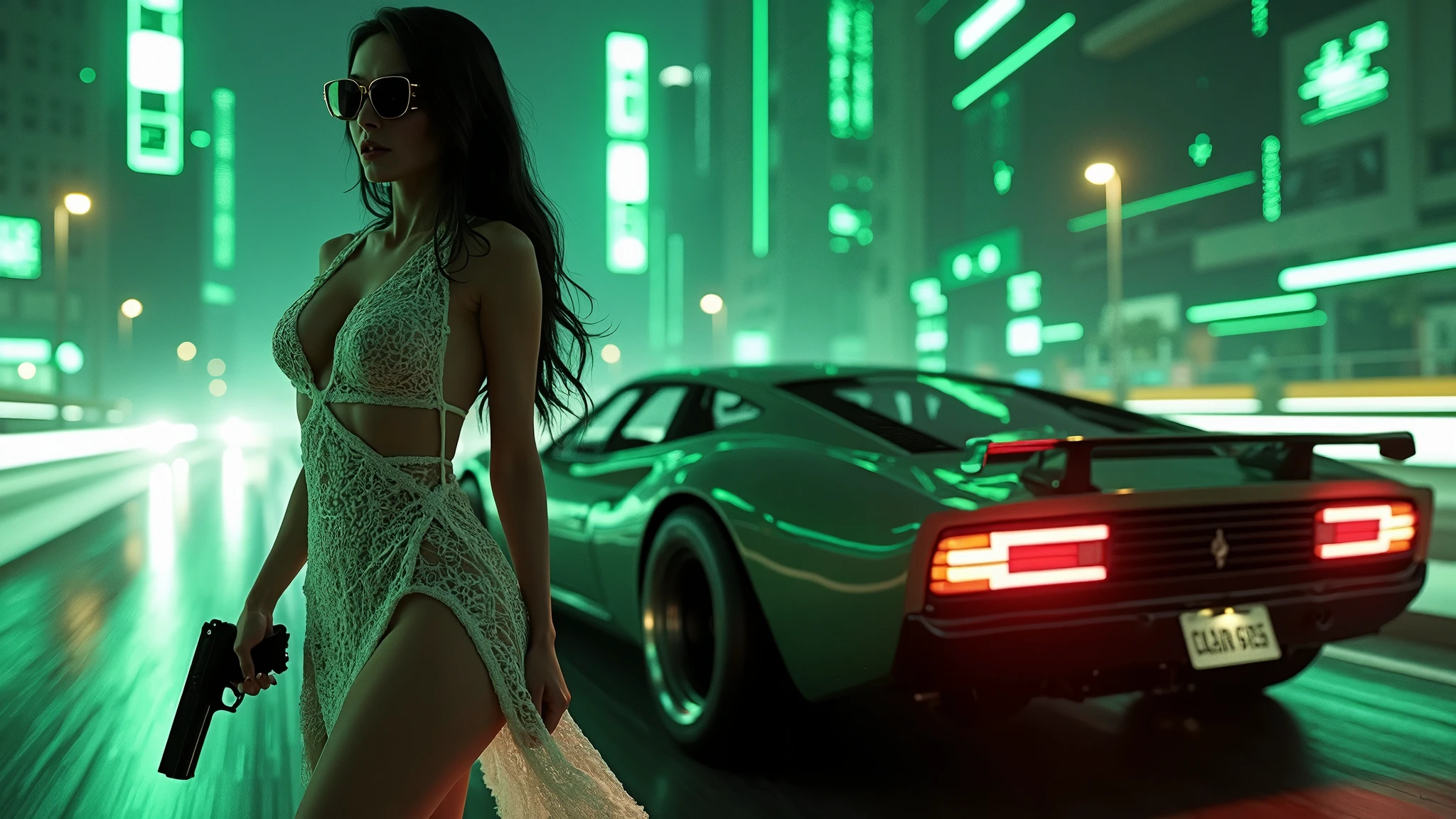 (aerial view, a flying cars docking platform, a very dark abandoned futuristic city, neon lights), rainy night. (((1girl, solo, alone))), large-breast:1.2 slim body, cleavage:1.1, sexy wind blowing wet dress:1.4, (((headphone, black sunglasses, standing and holding pistol:1.8, dynamic rushing pose))), (((((half-body thigh level medium shot))))), cinematic lighting, lens flare, ray tracing.