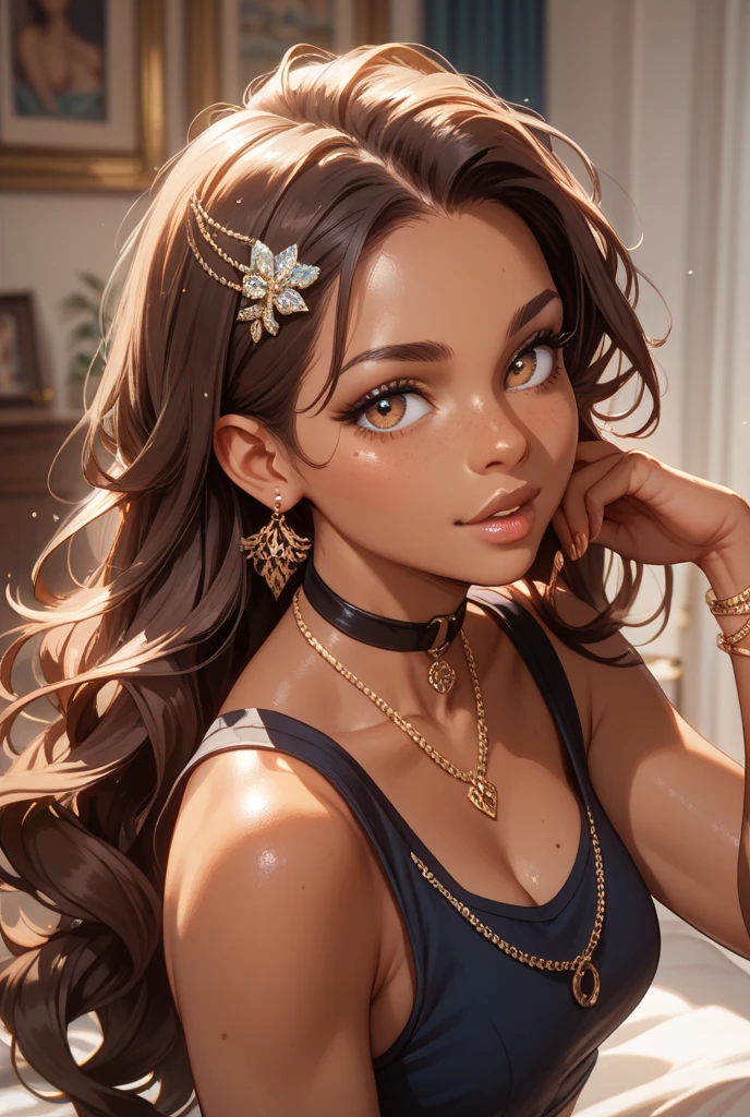 full body, extreme curls hair, luxurious hair, lustful eyes, open mouth smile, aroused 25 years old, playfully aroused, dripping with desire, busty cleavage, pajamas, slim waist, posing by the bed, coy smile with open parted lips, (blushing:1.3), looking lovingly at the viewer, seductive eyes, facing the viewer, bedroom background, champagne, in love (pov), loving gesture, loving gaze, loving eyes, glowing eyes, chocker, earrings, nsfw,