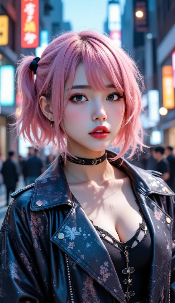 Cool women、sexy、Center of chest、Rize from Chainsaw Man、beauty、Yandere、、Face close-up、Chest tattoo、suit、necklace、(look up)、(Pink Hair)、).((Save face image))、((City of night)).
