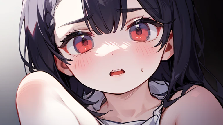 Yoru,(A white border around a red rectangular background：2.5），C cup，whitesweater，ahegao face,High detail,ahegao face,Moles under eyes, Heart-shaped pupils，Love pupils，cropped shoulders，Lots of hearts，Fleshy thighs,highly rendered，detailed face with