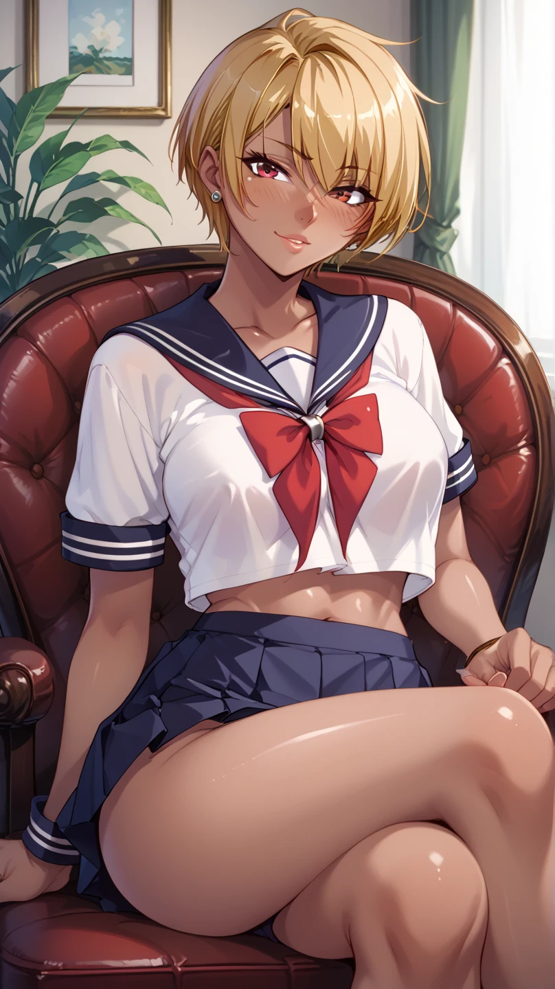 (top-quality,High resolution,(Ultra high definition,4K), (超A high resolution,in 8K),masutepiece:1.2), (Perfect Anatomy,Anatomically accurate), (Angle from below), (Soft lighting, rendered), (1 Cute High Girl), ((Sitting on a sofa in the lobby of a luxury hotel,itting open legs)), ((Girls' High School Sailor Uniform)), (Red lace panties), (fascinated expression), (Crisp double eyelids), (Large breasts:1.3), (Soft skin), (Photorealistic), (Glowing skin), (blondehair), (Pixie Cut)