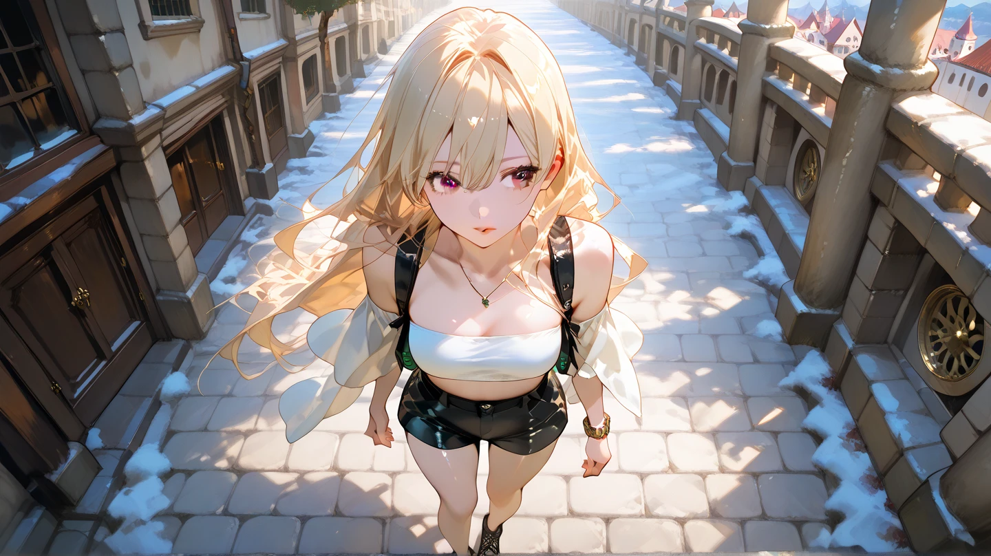 best quality, sunshine, detailed background,extremely detailed,body ratio, girl, cute, blonde hair, ruined city