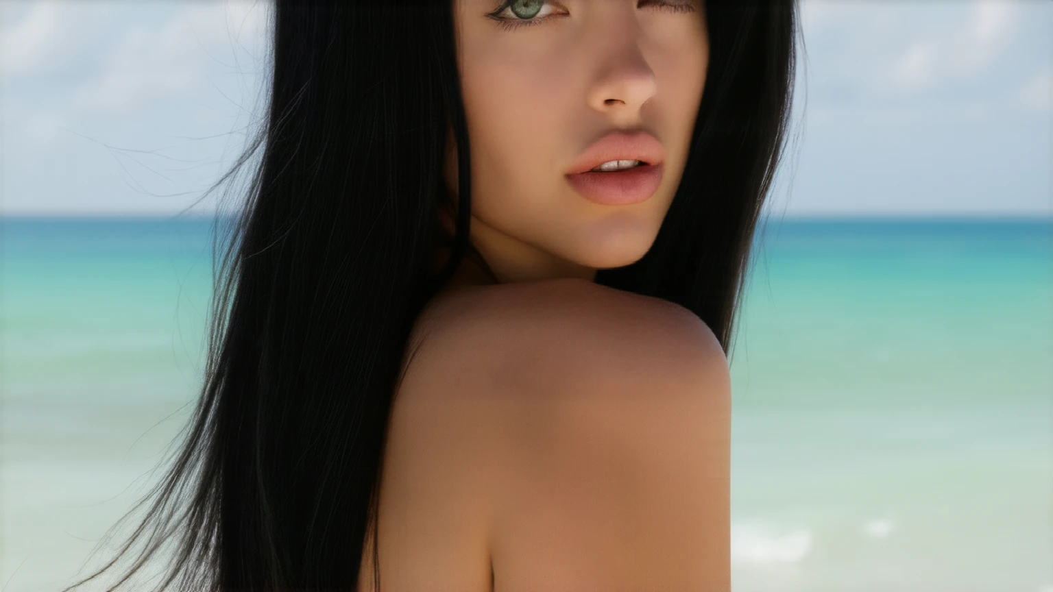 (Professional Photo), A beautiful young woman with long black hair on a beach, green eyes, 22 years old, full body photo, photography, realistic face, extremely detailed natural texture, nikon d850 film stock photography, kodak portra 400 camera f1.6 lens, extremely detailed, amazing, fine details, hyper realistic texture, dramatic lighting, unrealengine, trend at artstation,  cinestill 800 tungsten, looking for the viewer, realistic photo, RAW photo, TanvirTamim, high quality, highres, sharp focus, extremely detailed, cinematic lighting, 8k uhd,