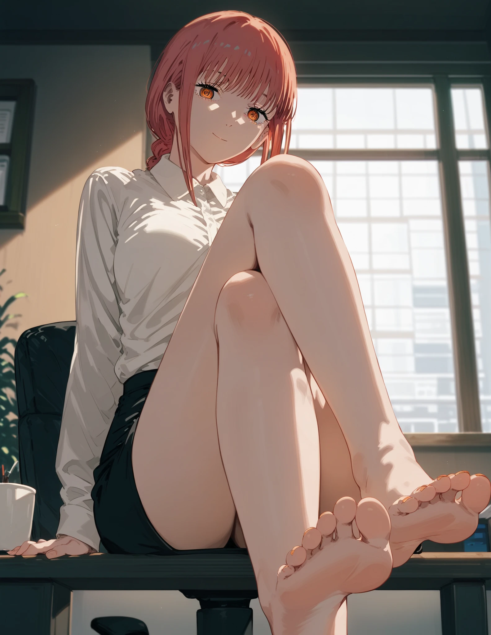 Solo, score_9,score_8_up,score_7_up, source_cartoon, source_anime, makima chainsaw man, sitting, legs crossed, naked, barefoot, two feet. five toes, foot focus, indoors, in an office