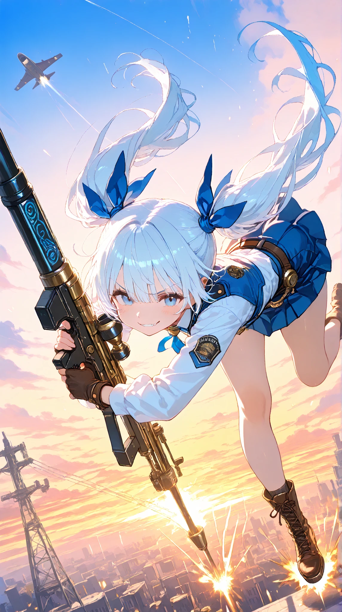 1girl、(((Highest quality、Masterpiece、Official Art、The best dynamic composition、Super detailed)))、Sniper high school girl、Black Sailor Suit、Anime Style、Creative outfits、、Unique and original hairstyle、 holding_gun、QBU10,体を伏せてgunをかまえサイトを覗きこんでいる、To the audience、White Background, Holding, Holding 武器, gun, Holding gun, Armband, rifle, Grey Skirt, headset, assault rifle, grey gloves, 