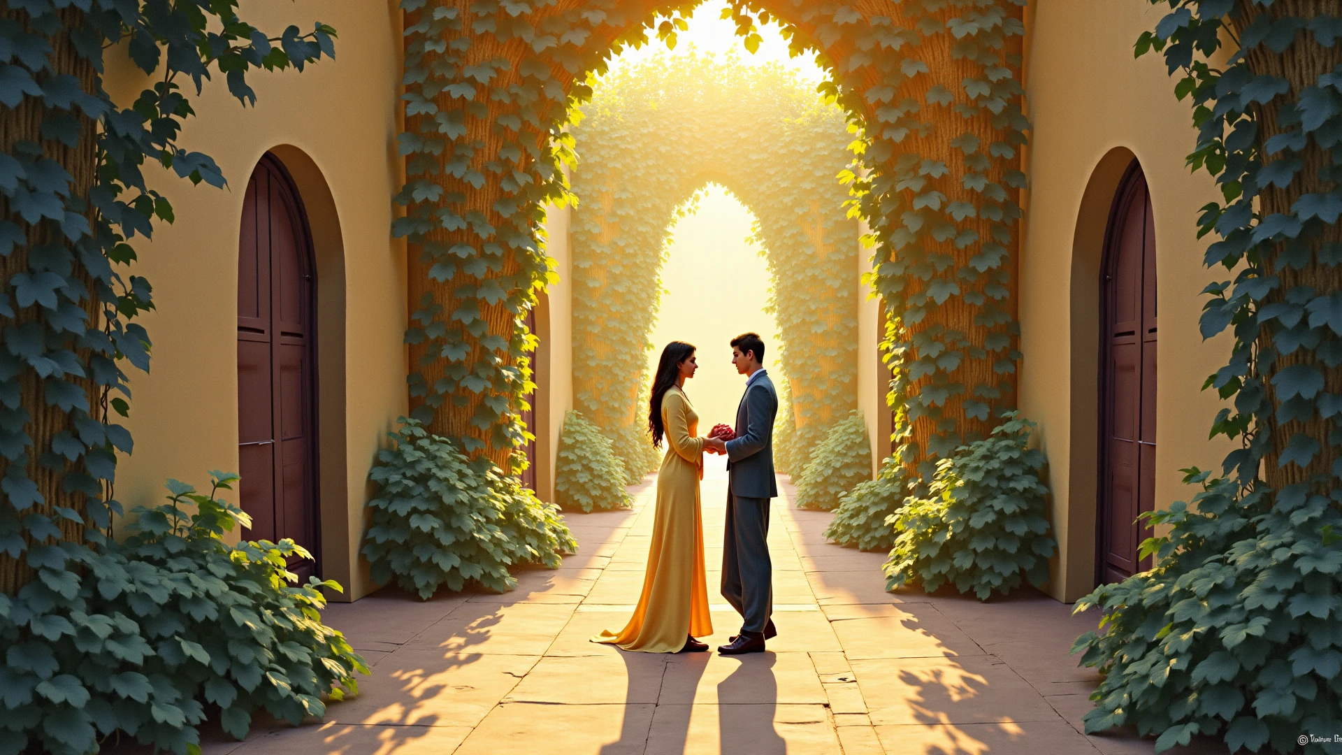 An Indian couple walking in a loush green garden, brid are around. Some kids are playing