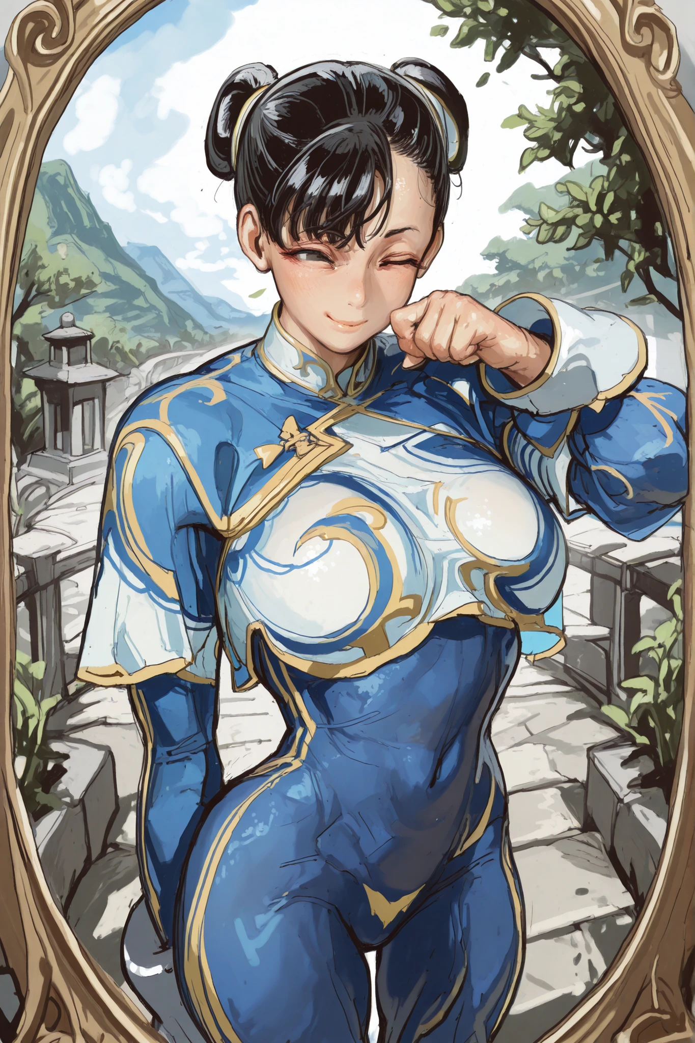 score_9, score_8_up, score_7_up, score_6_up, score_5_up, score_4_up,
BREAK
(masterpiece: 1.0), best quality, perfect anatomy, perfect composition, perfection,
BREAK
cinematic lighting, cannedmos
BREAK
1girl, Chun Li (Street fighter) loving expression, one eye closed. Painterly, impressionism, hyperdetailed painting, cannedmos,