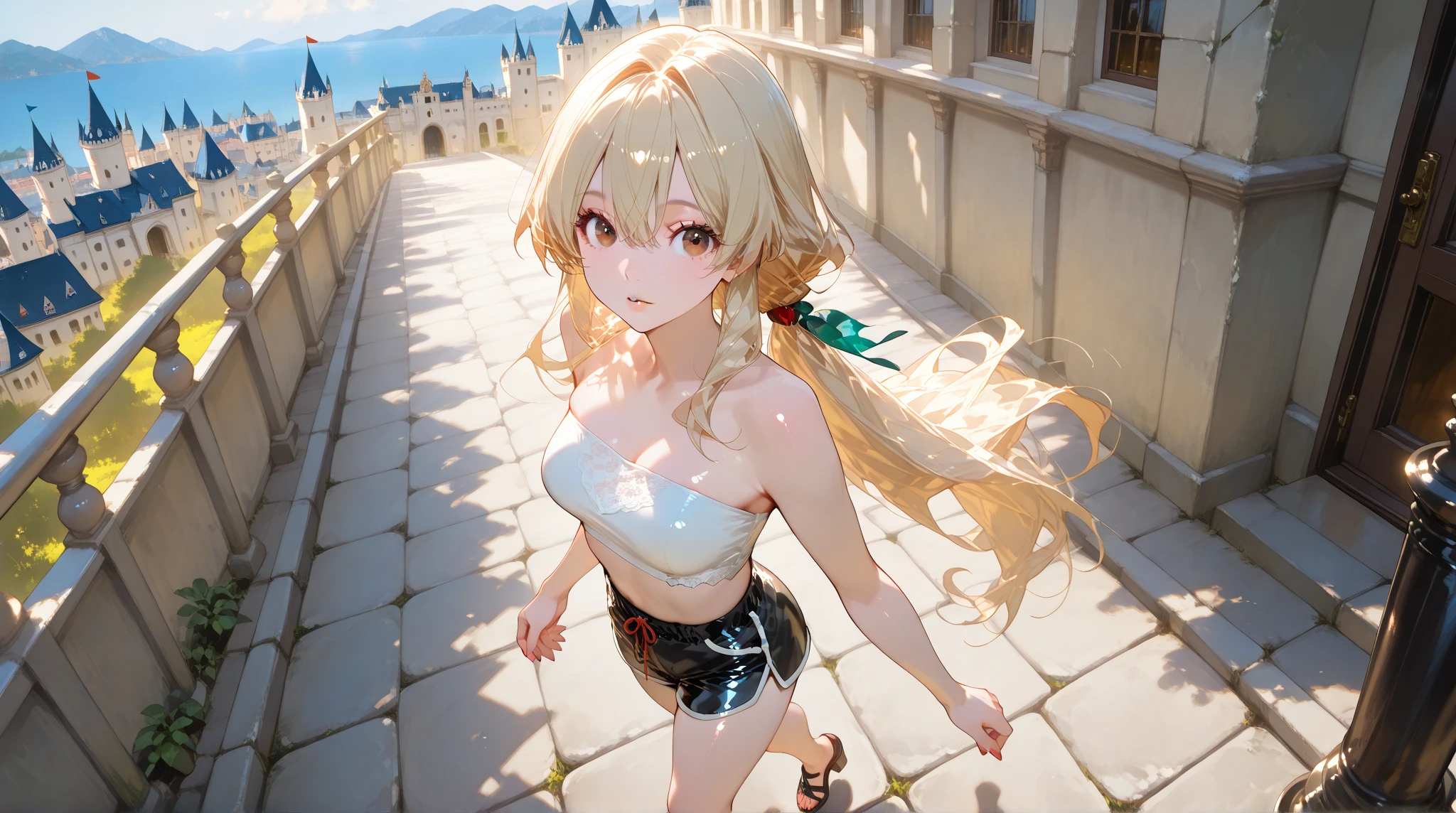 Kindergarten boy,Blonde Long Hair, Background with(In the street)flashy illumination,Huge Christmas tree with flashy lights, Topless figure,The bikini、It's cool, masterpiece, from side, a smile,