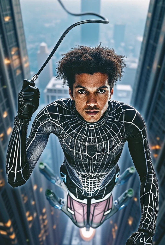 Miles Morales in his black Spiderman suit , comic type , without mask, with his arms behind his head , lying on a spider web and listening to music with big headphones