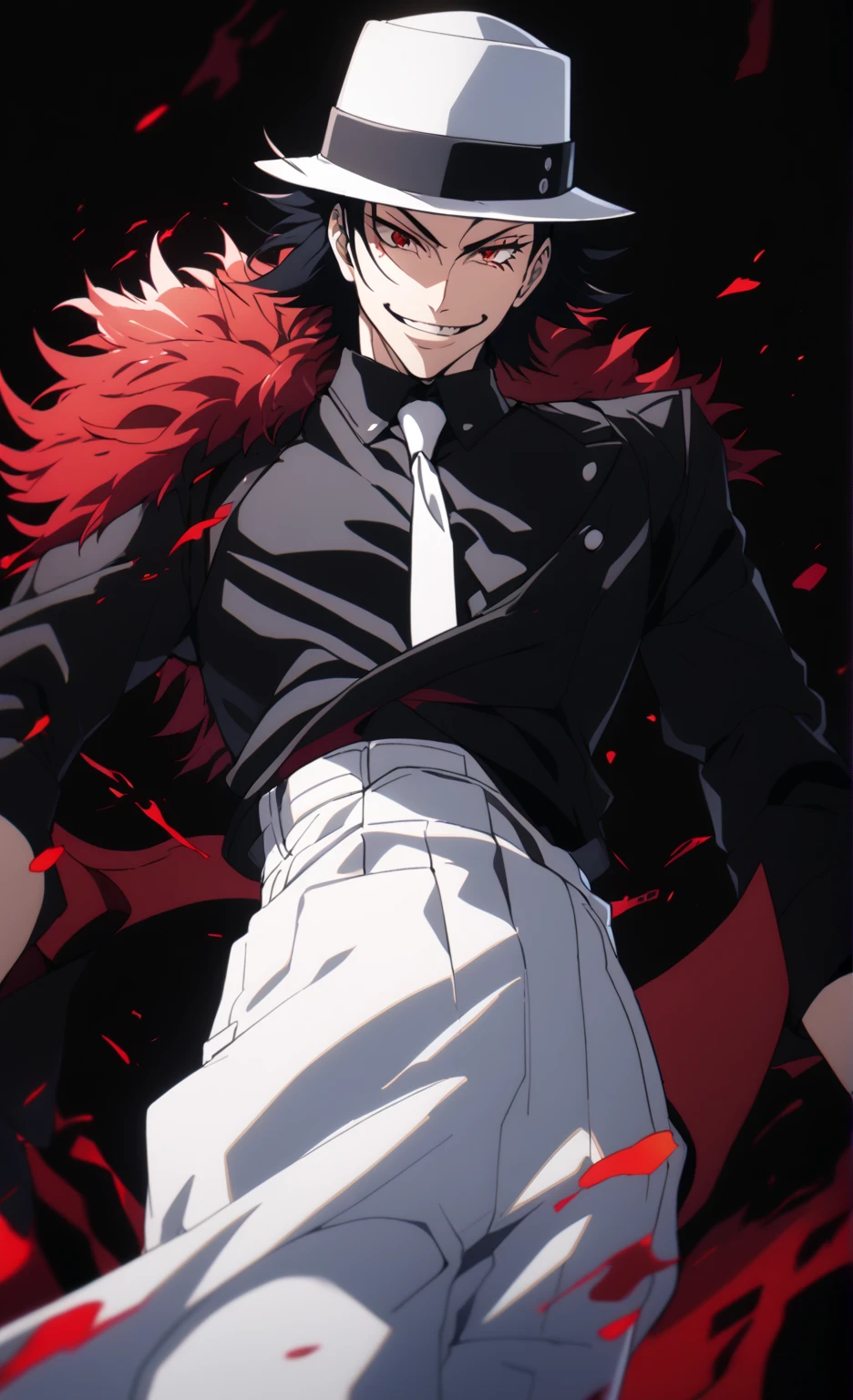 (high-quality, breathtaking),(expressive eyes, perfect face) 1boy, male, solo, young adult, black hair, red streaks in hair, red highlights, fire red eyes, soft wavy hair, short hair length, soft smile, spiky hair, fluffy hair, spiked up hair, black and red jacket, red shirt, confident smile, scars all over his body, age 17