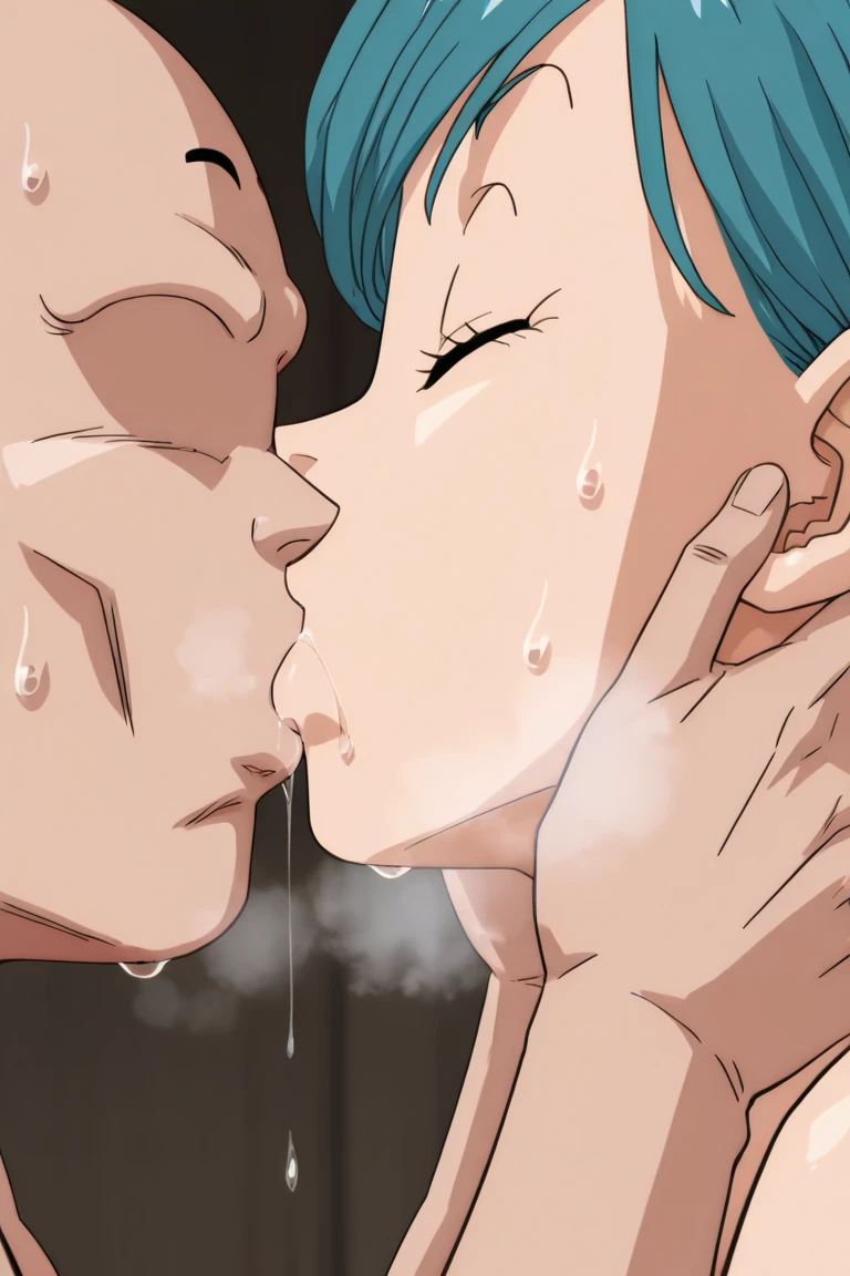 score_9,score_8_up,score_7_up,masterpiece,best quality,very aesthetic,absurdres,official art,official style, Misumaru Yurika,1girl, 1boy, chpmng, oral, throat bulge, huge penis, detailed penis, saliva, cute girl, blue hair, middle hair, blue eyes, nude, wet towel, large breasts, wide hips, wet, looking up, side view, kneeling in shower, large areolaes,