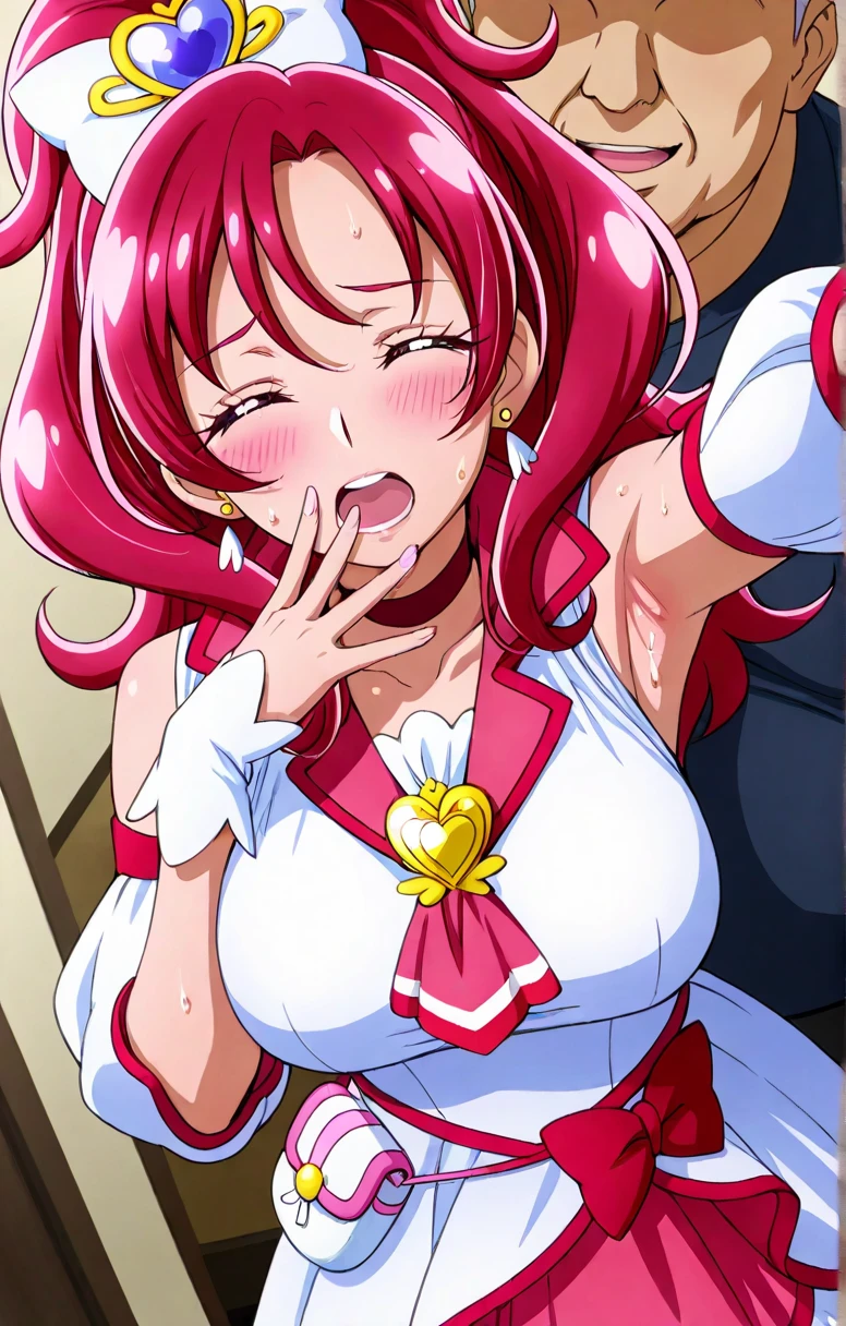 (high quality, Super detailed, 最high quality, Very detailed, beautiful, masterpiece),Facial realism,(((Super lewd face))),(Cure Happy:1.5,Cure Happy:1.5,Cure Happyコスチューム:1.5),Vacuum blowjob,blush,Eyeball on top,Nose hook,(((Ultra-detailed mouth and nostrils))),ぶThick lips,Swollen lips,Kissing Face,(Cure happiness:1.5),One boy,1 big penis,hold to the root,(Brainwashed eyes:1.2),(Mature Woman:1.5,beautiful母:1.5),Wicked Smile, blush, I breathe,(Close your face:1.3),50 years old,Swollen lips, Painted lips, Thick lips, Kissing Face, Shiny skin,最high quality, 8k, 32k, masterpiece, Detailed face, Lip details, Fine Eyes, double eyelid,(Huge penis in mouth:1.5),:>=,(Sniff a lot:1.5),(Super strong、Super huge、Huge Nose:1.8,)(Ahegao:1.8), blush,Open your mouth, (Eyes Wide Open:1.6), tears, Sticking out tongue,Opening eyes with an expression of fear or anger,(Make a mean face:2.0),(Super Face Lift:1.5,Fisheye Lens:1.5,Lean back:1.5),(((灰色のBrainwashed eyes,Big eyes)))